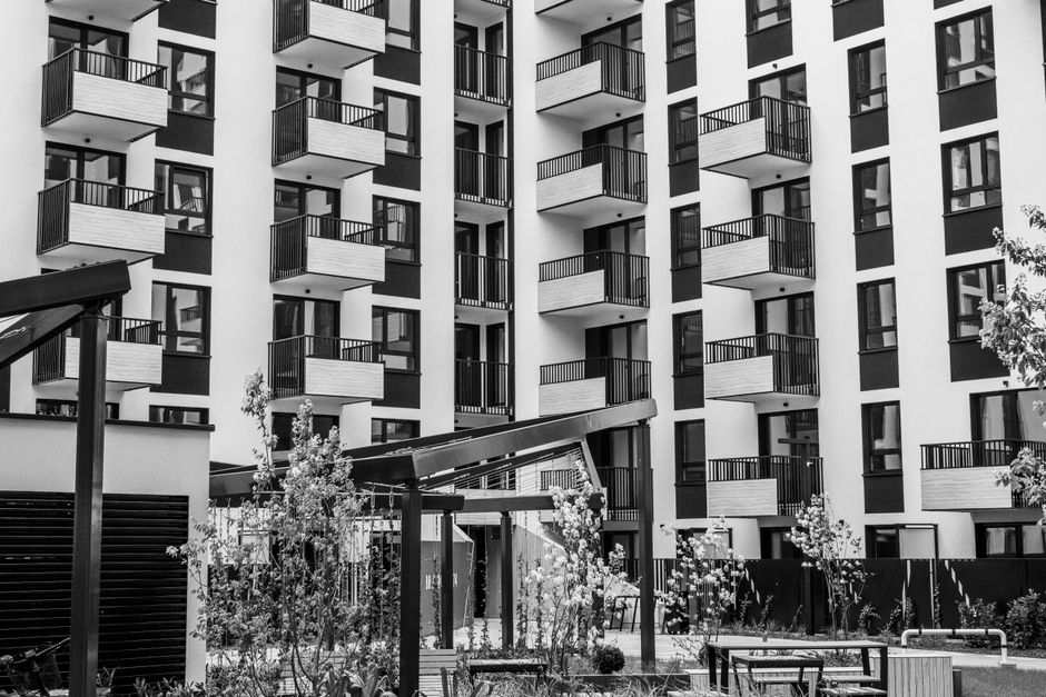 Contemporary urban apartment building with balconies